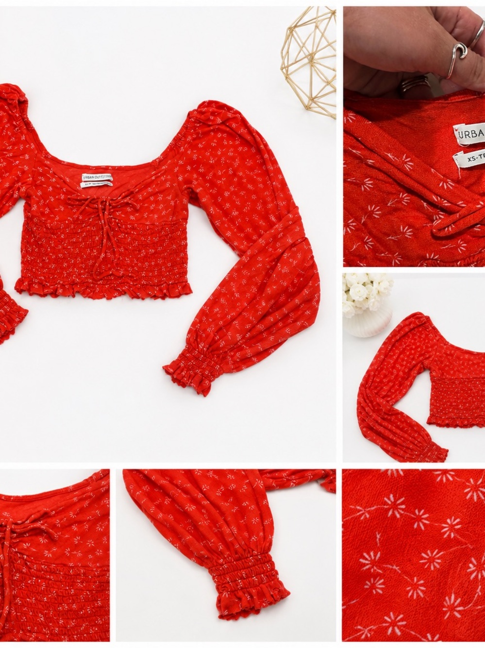 Urban Outfitters Red Floral Smocked Long Puff Sleeve Crop Top